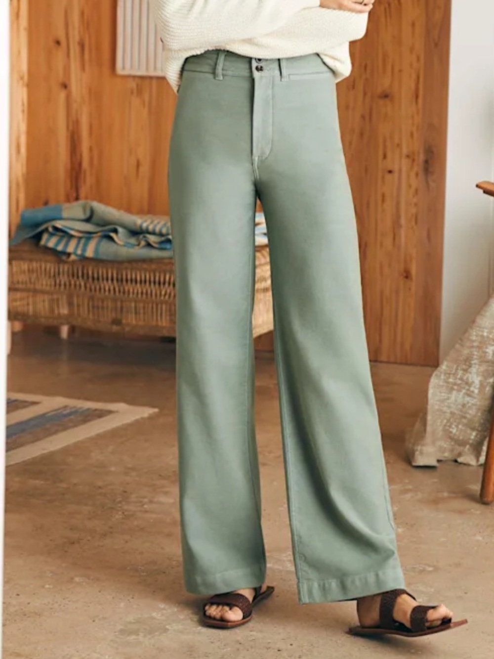 Faherty Stretch Terry Wide Leg Pants in Sage Green